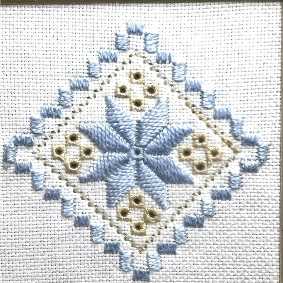Hardanger Framed Doily Estate Handmade BlueWhite Norway Embroidery Gold Art Wall - Picture 3 of 10